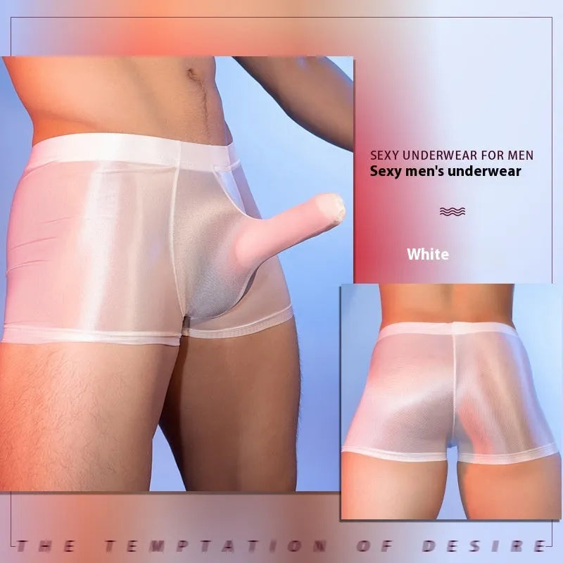 Red men's nylon boxers with an elephant nose design on a mid waist.