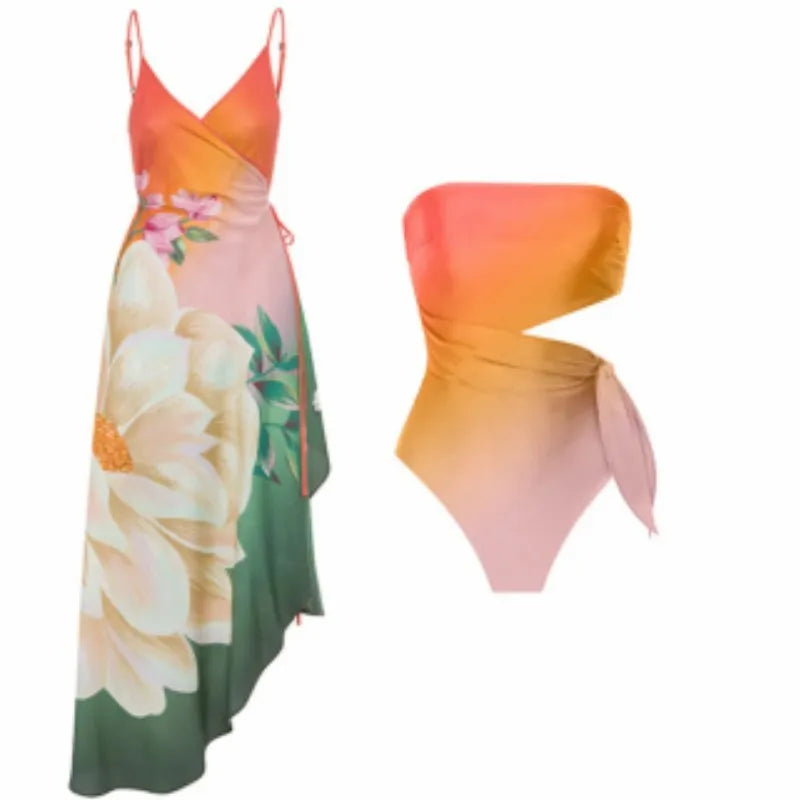 Women's printed one-piece swimsuit in French retro style with quick-dry polyester fabric