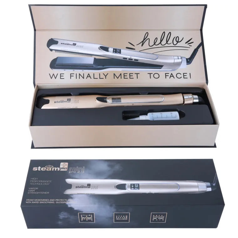 Mini steam spray hair straightener and curling iron in purple, rose red, or champagne colour with wired power cord.