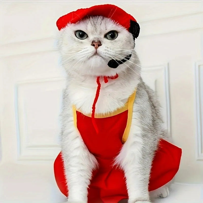Handmade cat chef hat and cotton knitted sweater pet costume set for small to medium pets