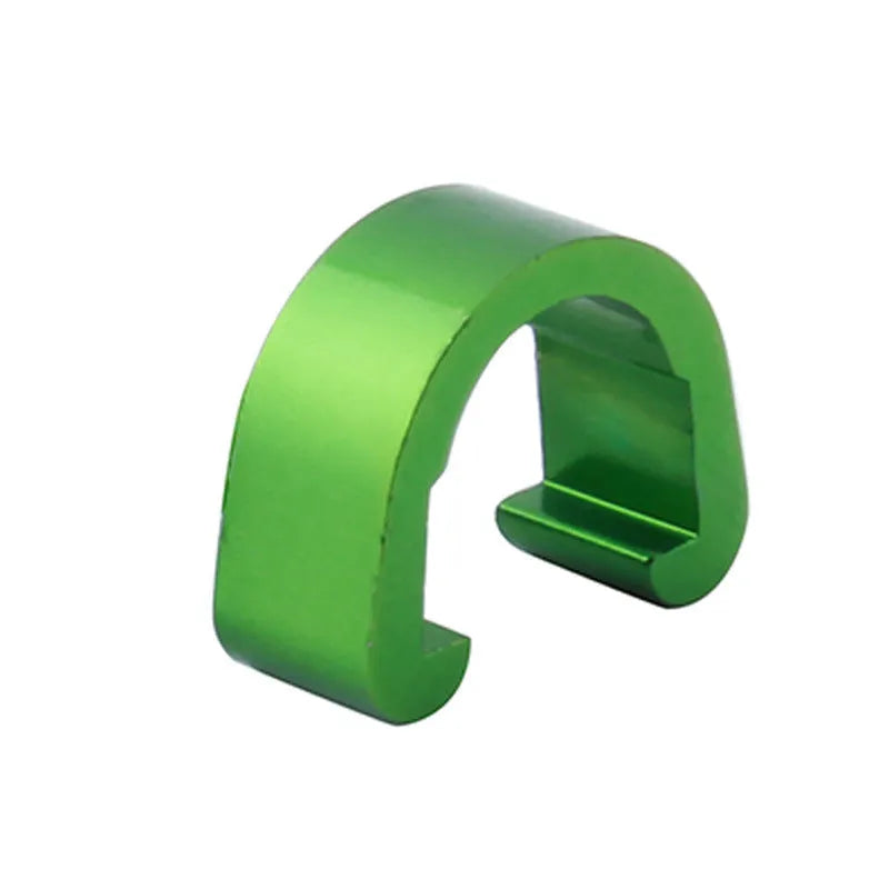 Set of ten small aluminium alloy C-shaped buckles in assorted colours including black, blue, gold, and pink.
