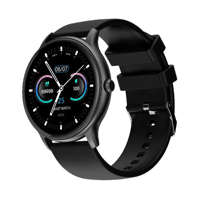 Bluetooth sports watch with blood pressure monitoring on black silicone wristband