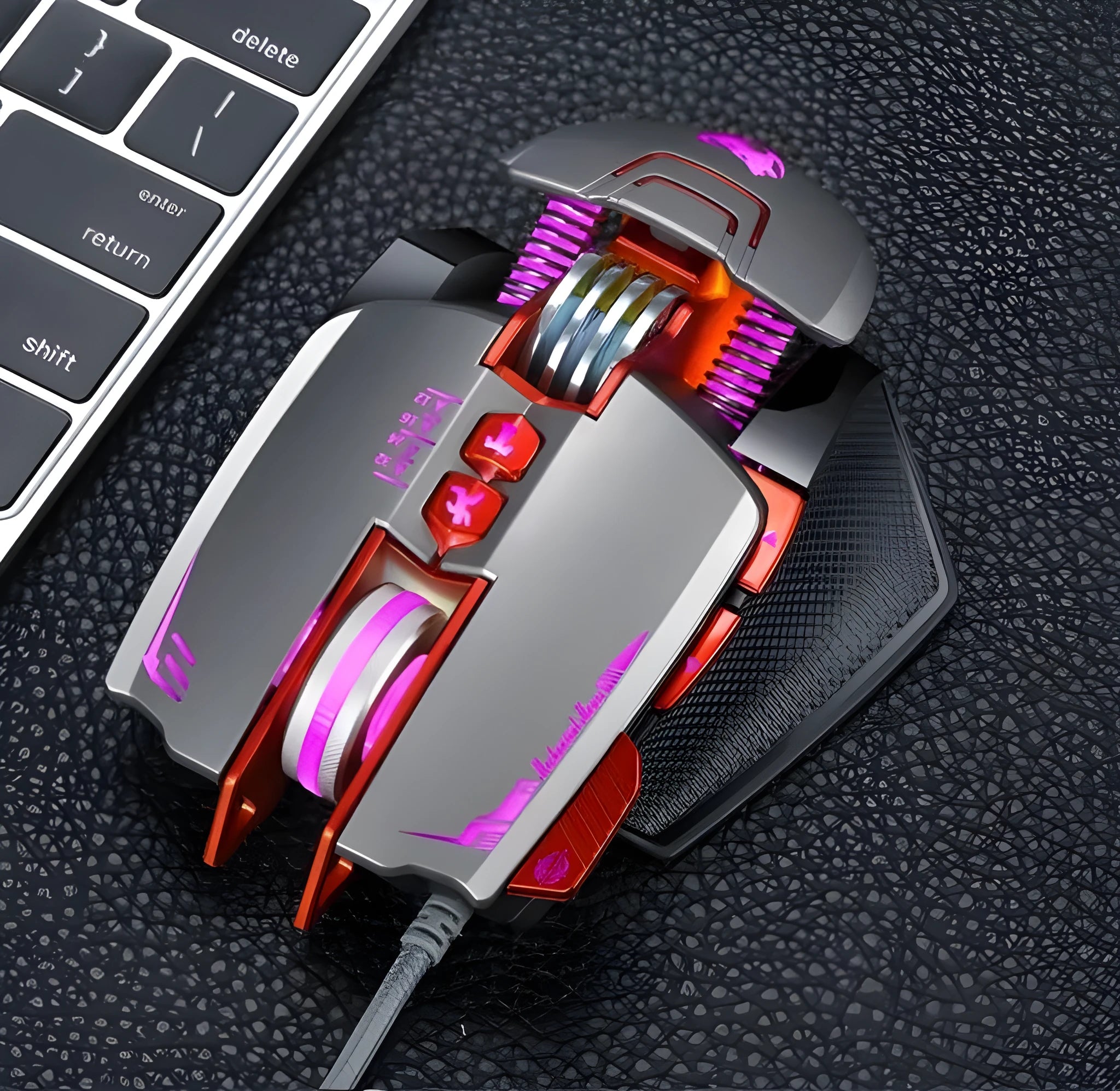 Thunder Wolf V9 black wired gaming mouse with six buttons and USB cable on gaming desk