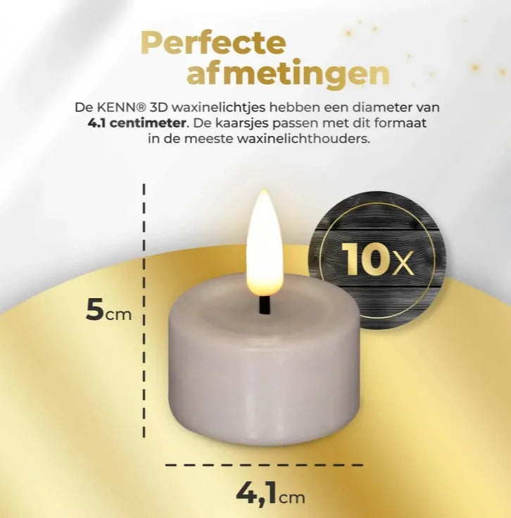 Four taupe coloured S10 3D flame LED tealight candles showing realistic flickering effect