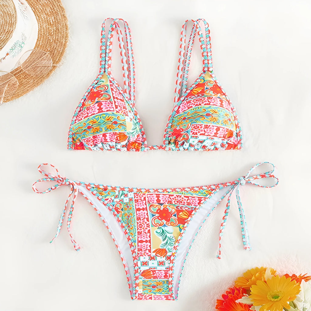 Women's lace-up backless one-piece swimsuit with high-cut briefs in picture colour.