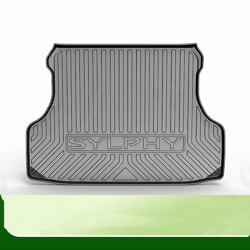 Black TPE car trunk pad with a carbon fibre pattern, designed for special car model tailboxes.