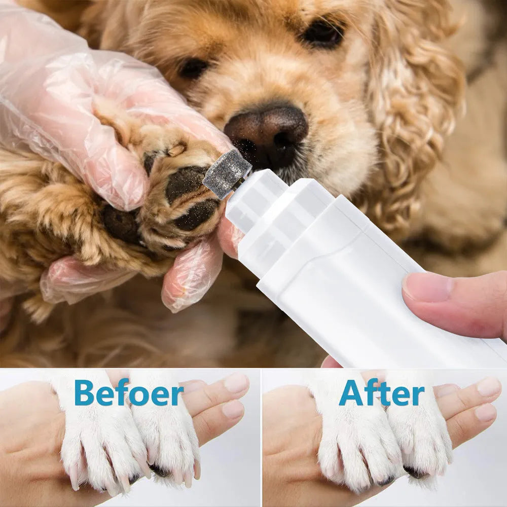 Blue pet nail polisher with USB cable on white background, compact size 17x10x4.2cm