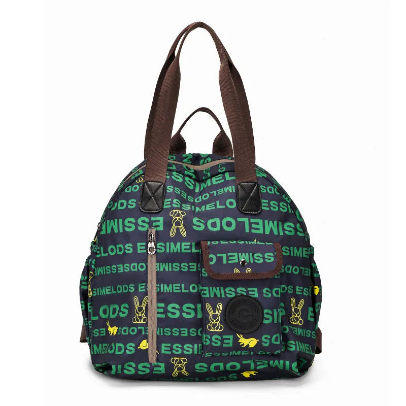Outdoor backpack with sandwich pocket design showing black, khaki, and green letters colour options