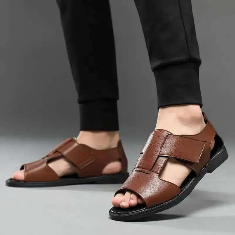 Men's black and brown open-toe leather casual sandals with rubber soles.
