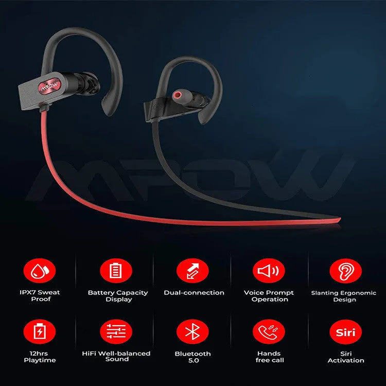 Hanging ear Bluetooth wireless headset in black, pink, or red colour with stereo sound.