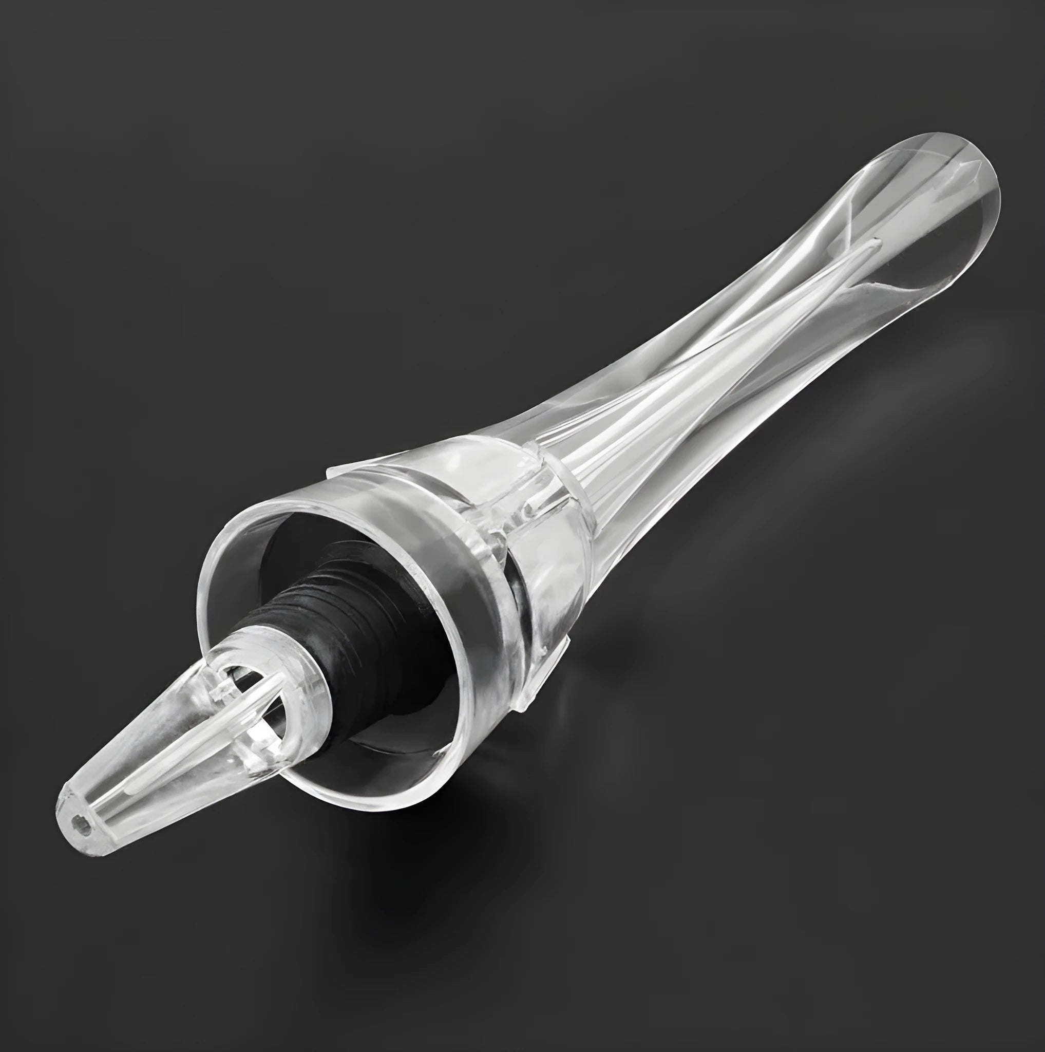 Compact transparent wine aerator with stainless steel filter measuring 16 by 4.2 centimetres