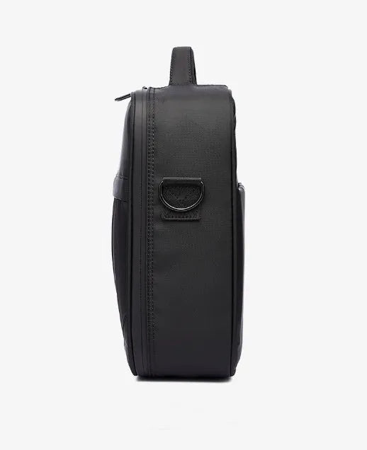 Black oxford fabric men's messenger bag with shoulder strap and carry handle.