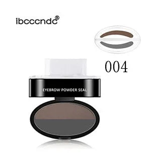 Eyebrow powder stamp with dual powders and reusable stencils in dark brown and light brown shades.