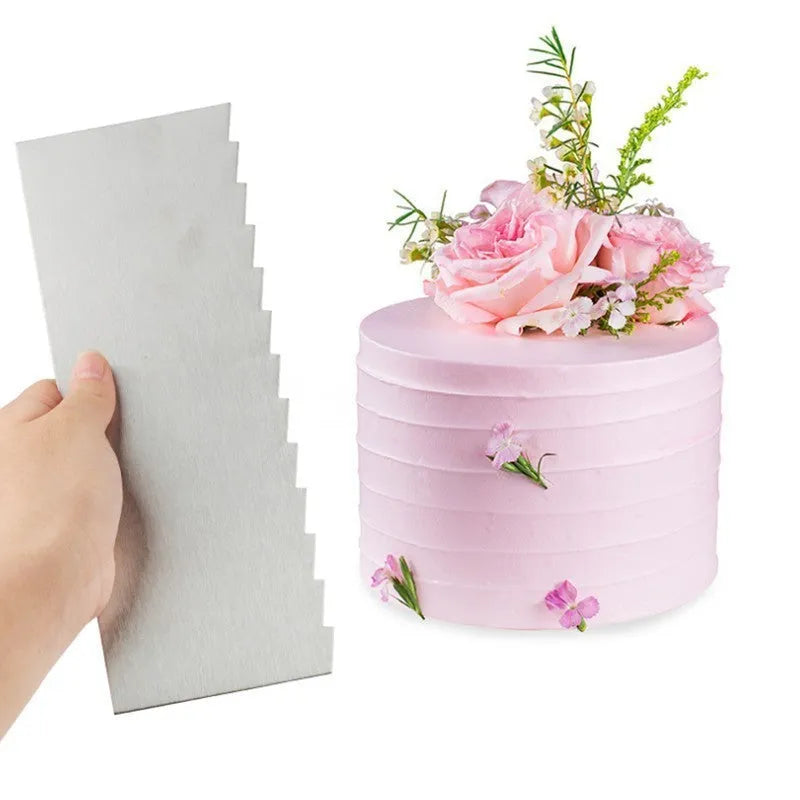 Stainless steel cake decorating scraper showing polygon pattern edge design