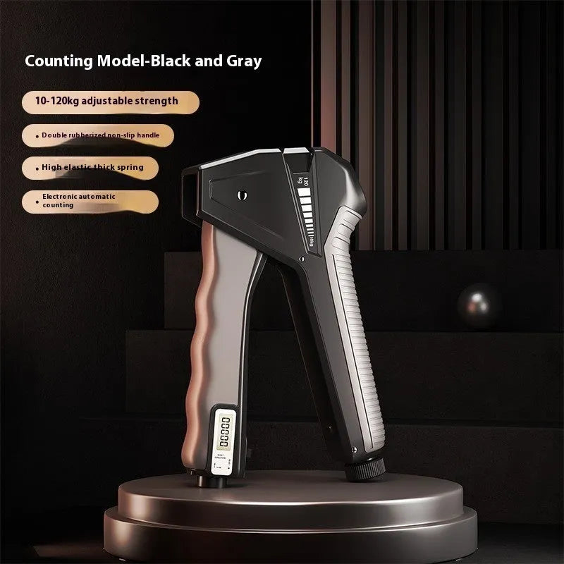Adjustable hand grip strengthener with mechanical force display, shown in orange colour.