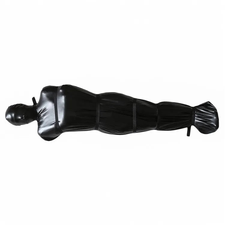 Black patent leather bondage set with full-coverage body wrap and six ratchet tie-downs