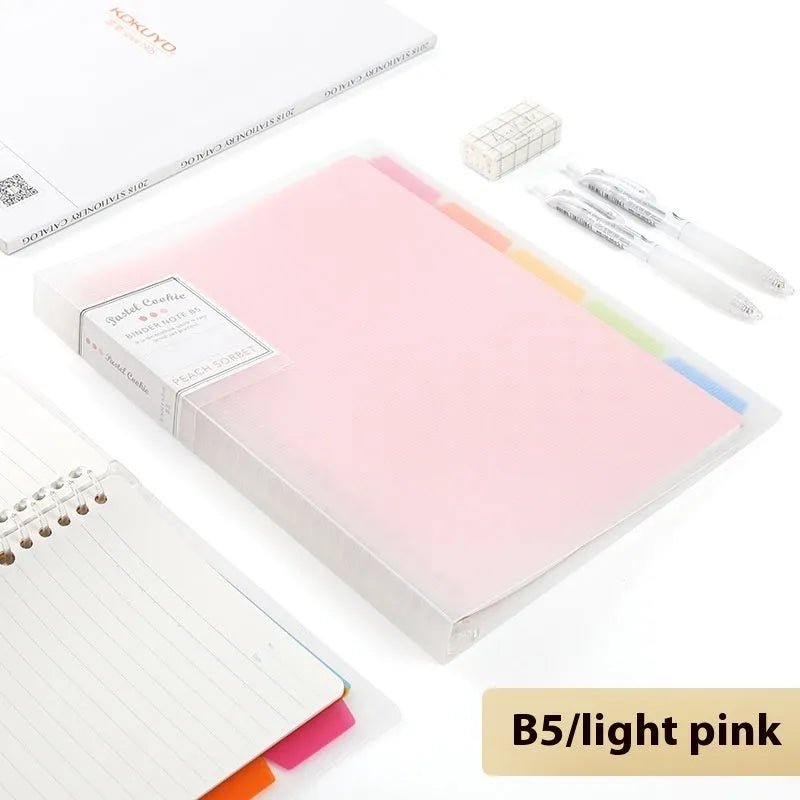 Refillable loose spiral notebook with PP cover in pastel cookie design, A5 and B5 size options shown