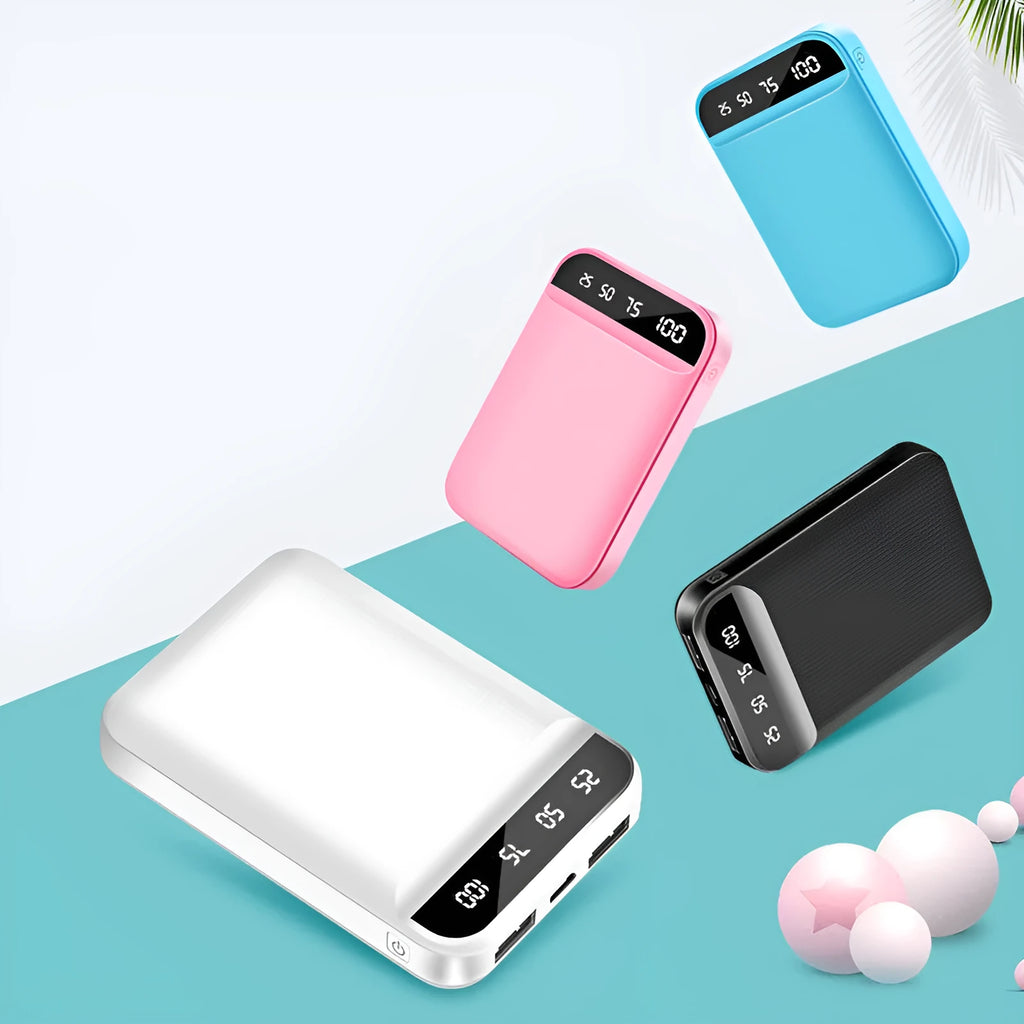 Compact mini power bank in choice of colours showing multi USB ports and small size.