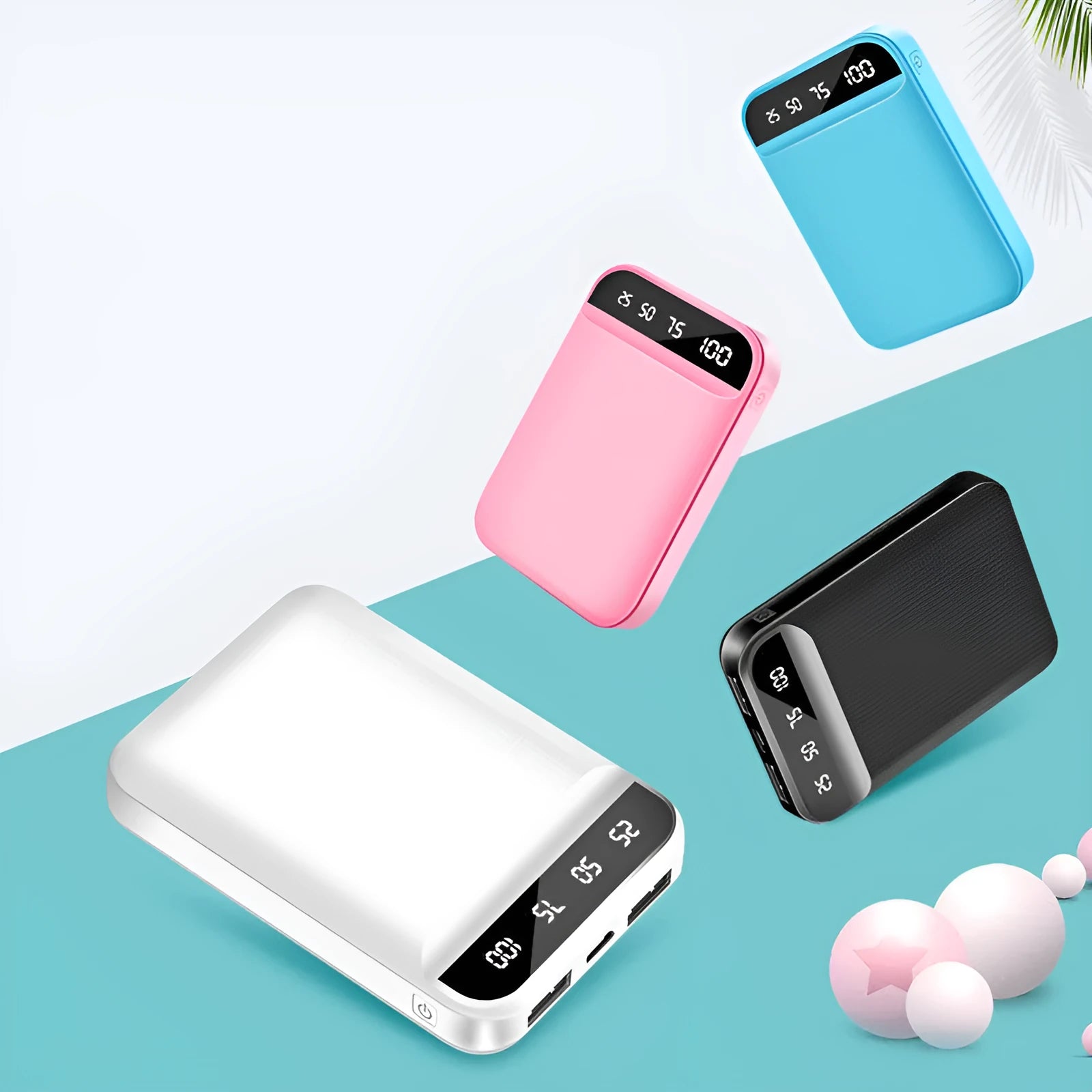 Compact mini power bank in choice of colours showing multi USB ports and small size.