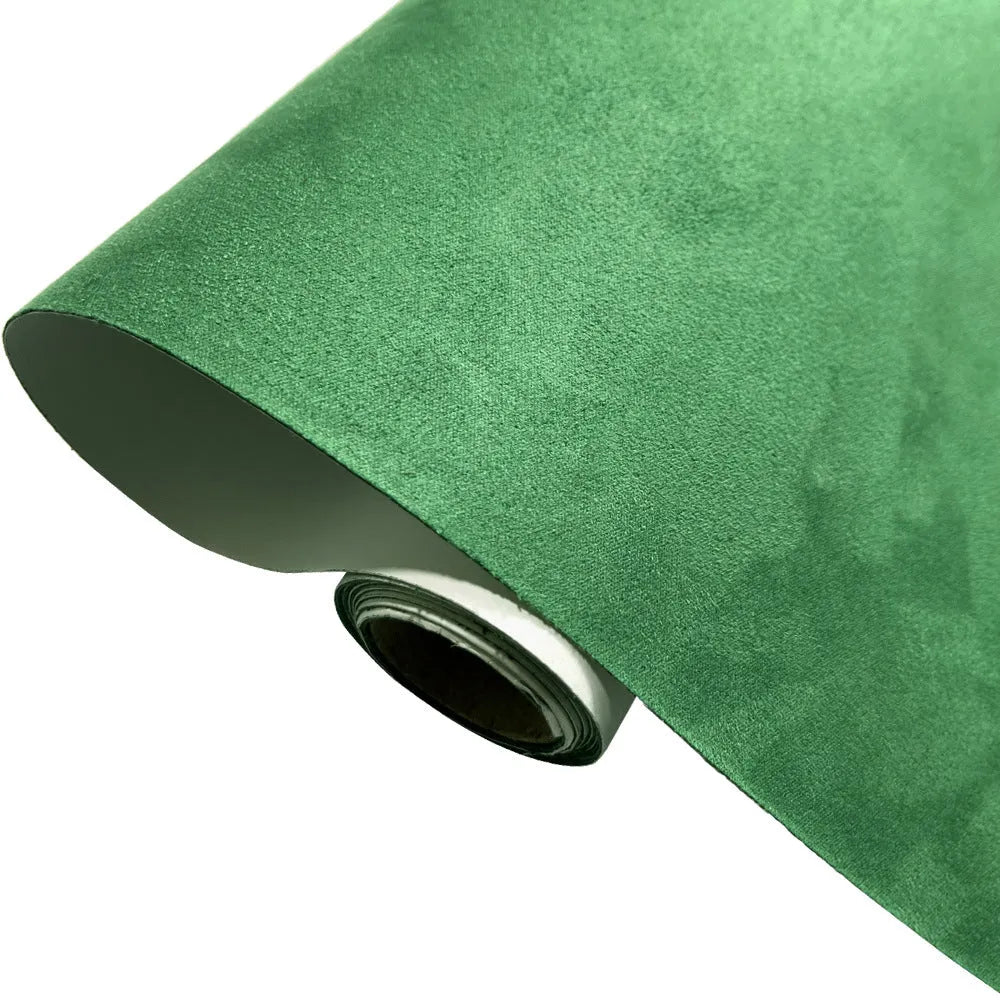 Self-adhesive leather suede sheet roll in multiple colour swatches showing black, brown, blue, and red.