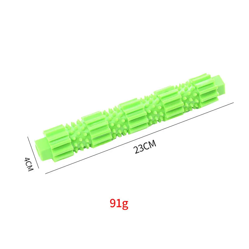 Green and orange natural rubber dog chew toy with treat-dispensing hole for aggressive chewers.