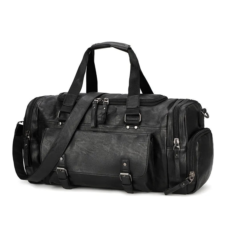 Large black travel bag with shoe compartment, made from waterproof PU material.