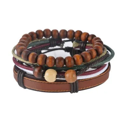 Adjustable leather punk wrap bracelet with wooden beads and multilayer design