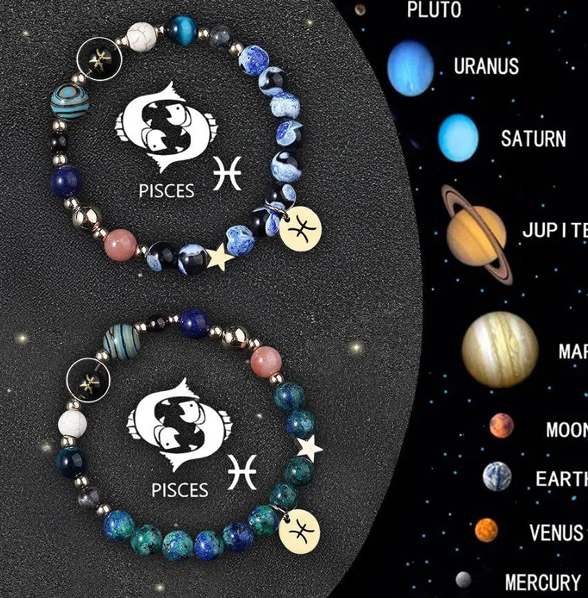 Twelve zodiac sign bracelets with natural stone beads on elastic string showing different astrological designs