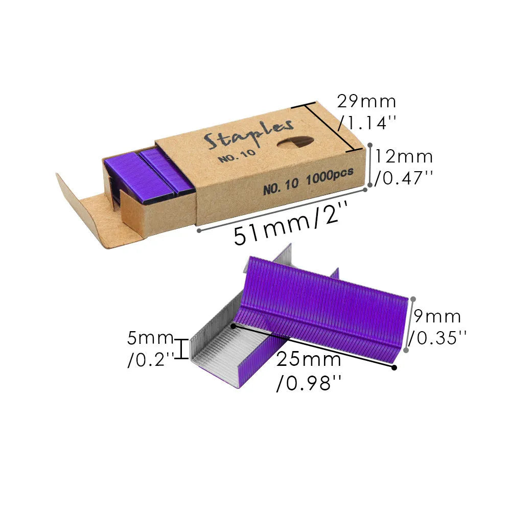 A box of 1000 metal office staples in choices of black, purple, rose gold, or rose red colour.