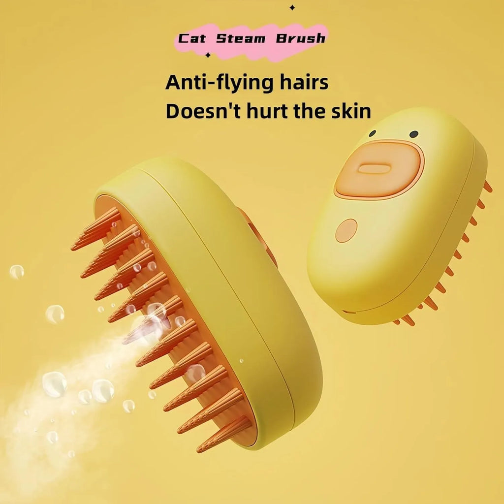 White and yellow rechargeable steam pet grooming brush with rubber comb teeth