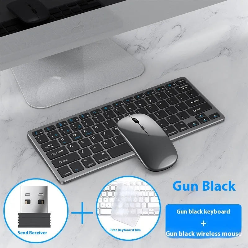 Ultra-thin wireless keyboard and mouse suit in black, grey, or silver with rechargeable Bluetooth connectivity