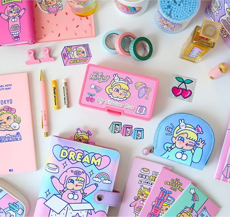 Square PVC cartoon sticker set with 16 stickers and storage box in comics style