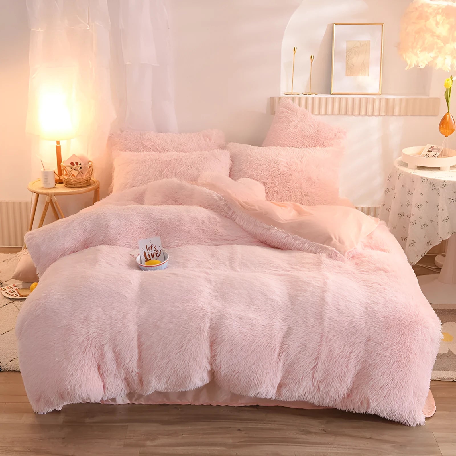 Soft plush mink velvet duvet cover set with pillowcases in beige colour for winter warmth
