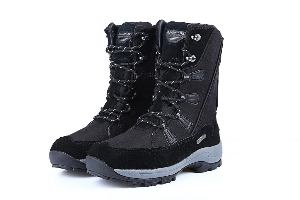 Women's mid-calf thermal snow boots in black with genuine leather upper and rubber sole