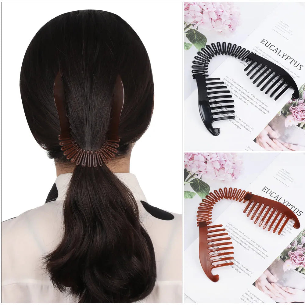 Retro fish-shaped plastic hair claw clip with metal crab clip, 13.5cm, black or brown, adjustable band