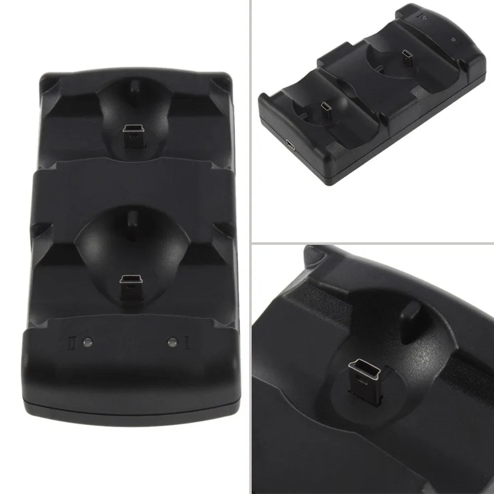 Black PS3 dual charging dock holding two wireless controllers with connected USB cable