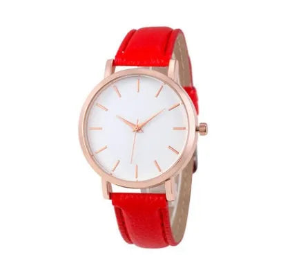 Square alloy case quartz watch with PU leather strap in various colours including grey, green, pink, and black.