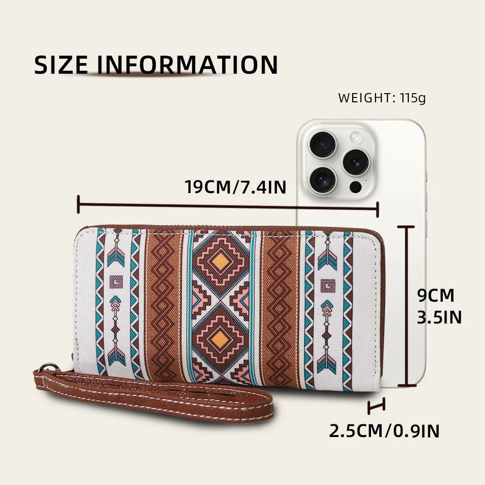 Bohemian stripe pattern canvas RFID wallet in beige, showing anti-theft function and card slots