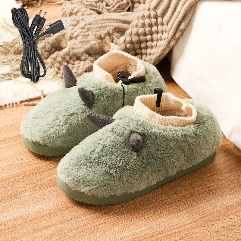 USB electric heating slippers in grey with adjustable temperature control and soft velvet upper.