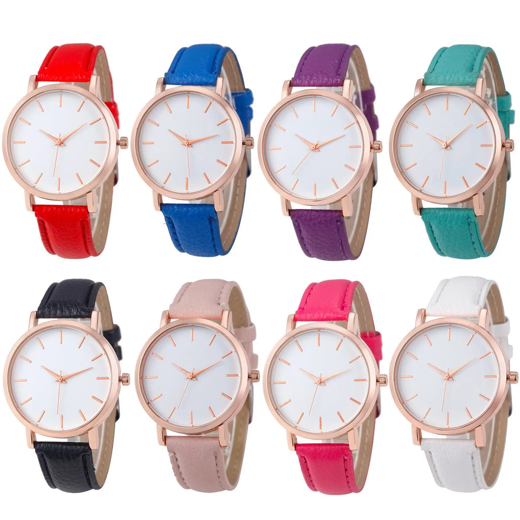 Square alloy case quartz watch with PU leather strap in various colours including grey, green, pink, and black.