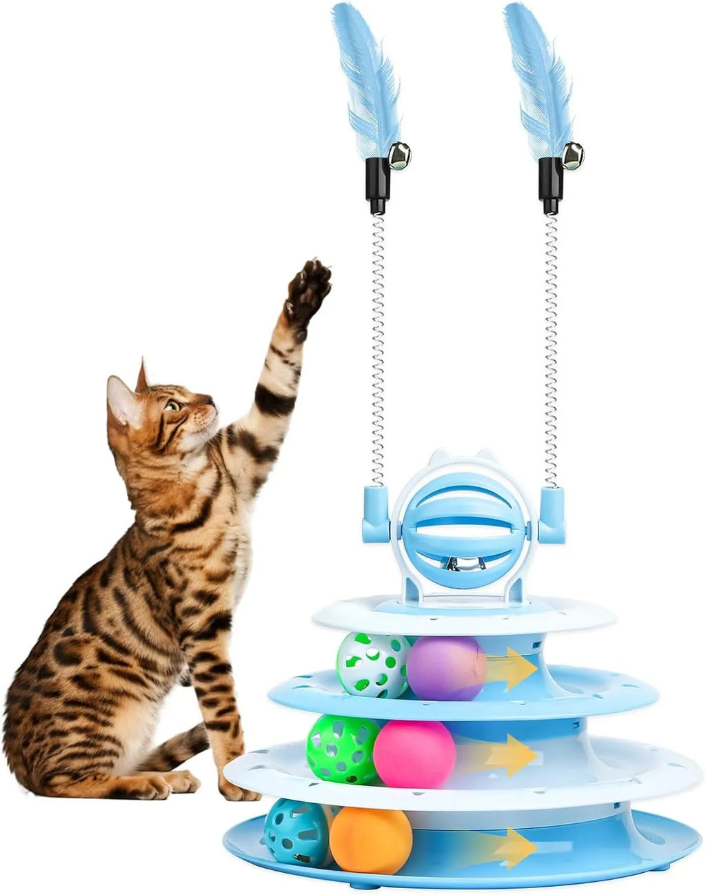 Blue 4-tier interactive cat carousel toy with coloured balls and teasing rods