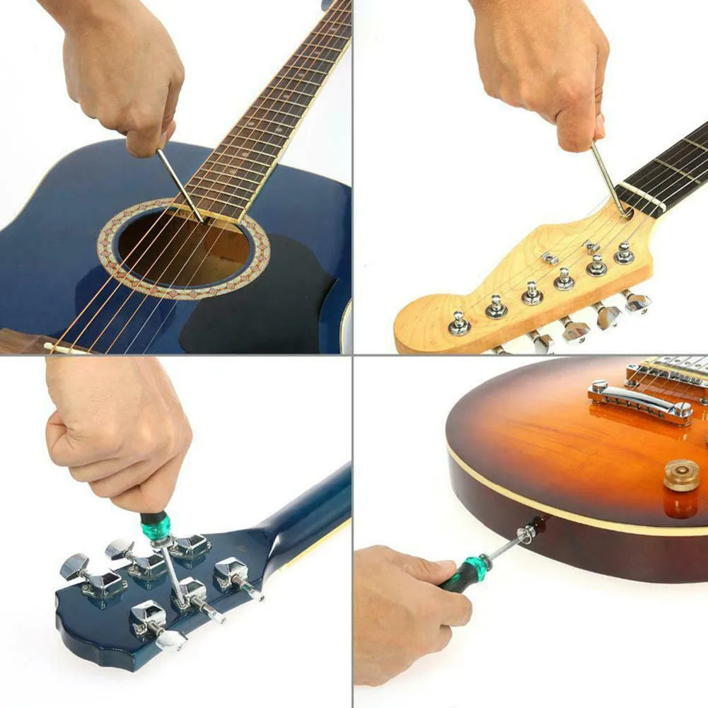 Black plastic and metal guitar repair tool kit for guitar, bass, mandolin, banjo.