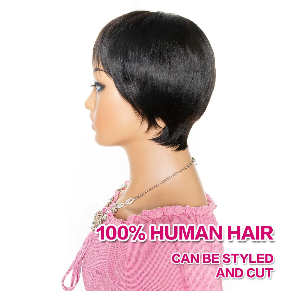 Short pixie cut human hair wig with bangs in black for women