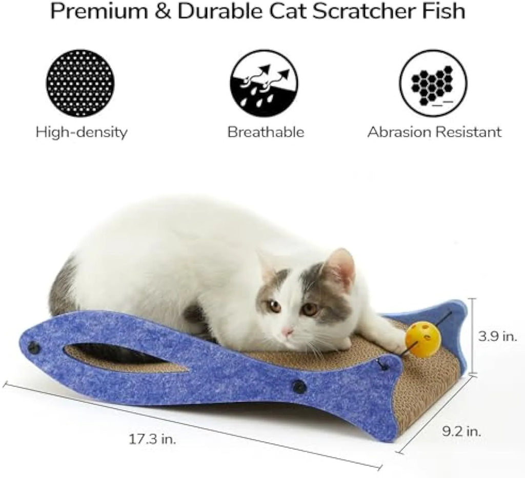 Blue fish-shaped cardboard cat scratcher lounge with a hanging bell toy for indoor cats