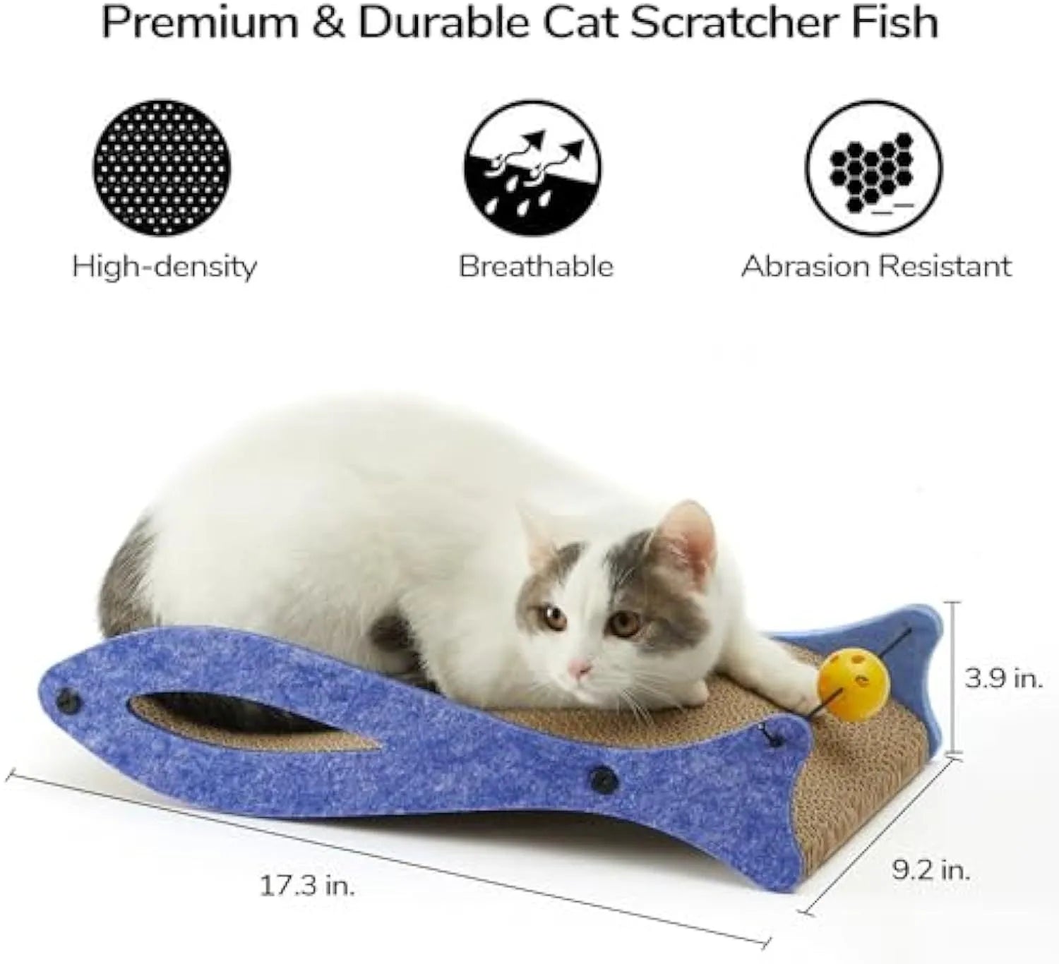 Blue fish-shaped cardboard cat scratcher lounge with a hanging bell toy for indoor cats