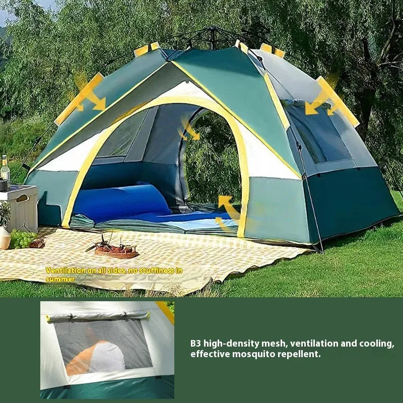 Dark green three to four person automatic quick-open camping tent with storage bag and accessories.
