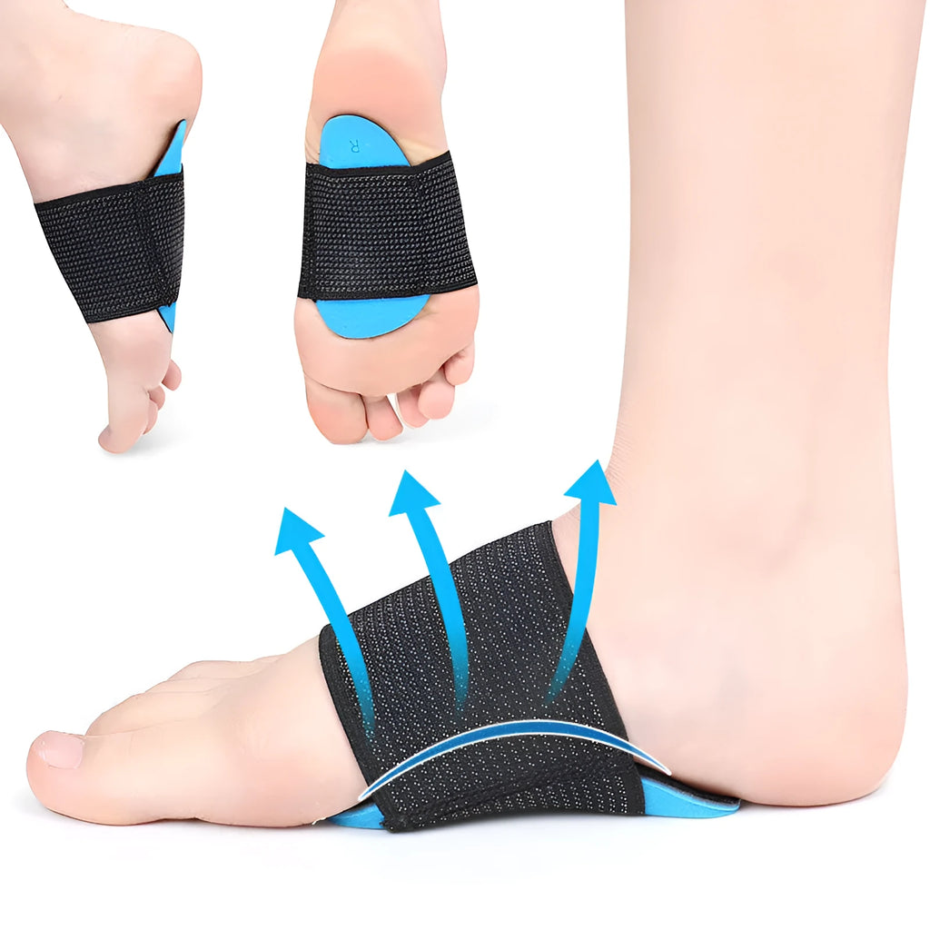 Blue elastic bandage foot pad with arch support for flat feet relief in Adult and Children sizes