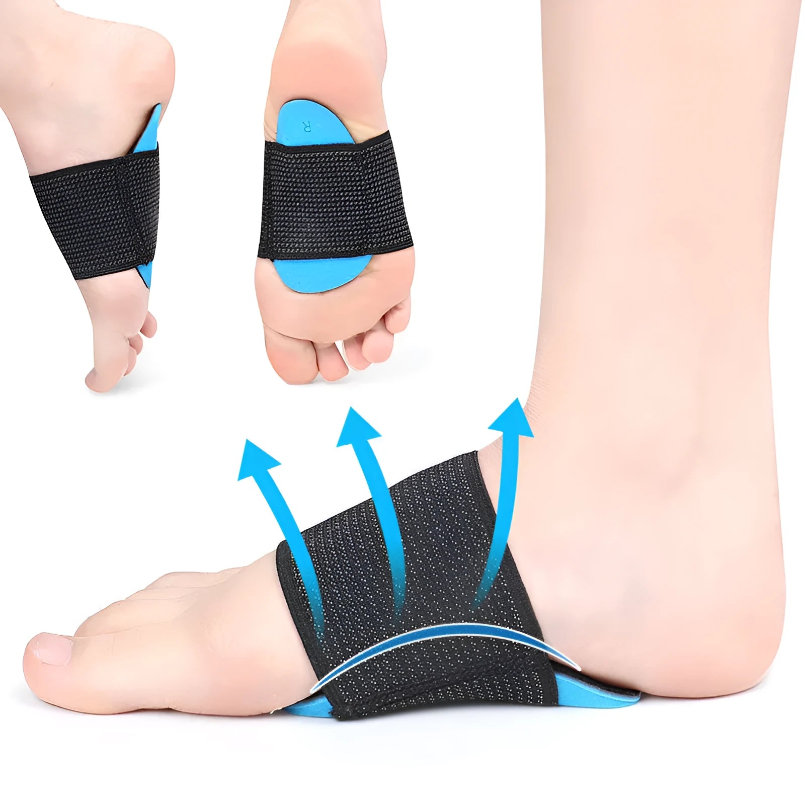 Blue elastic bandage foot pad with arch support for flat feet relief in Adult and Children sizes