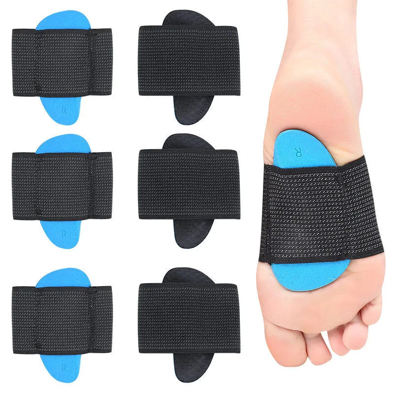 Blue elastic bandage foot pad with arch support for flat feet relief in Adult and Children sizes