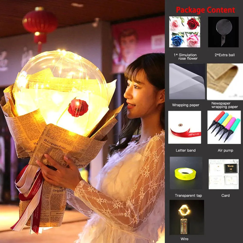 Transparent LED luminous balloon with artificial rose and built-in light, shown as a DIY bouquet kit.